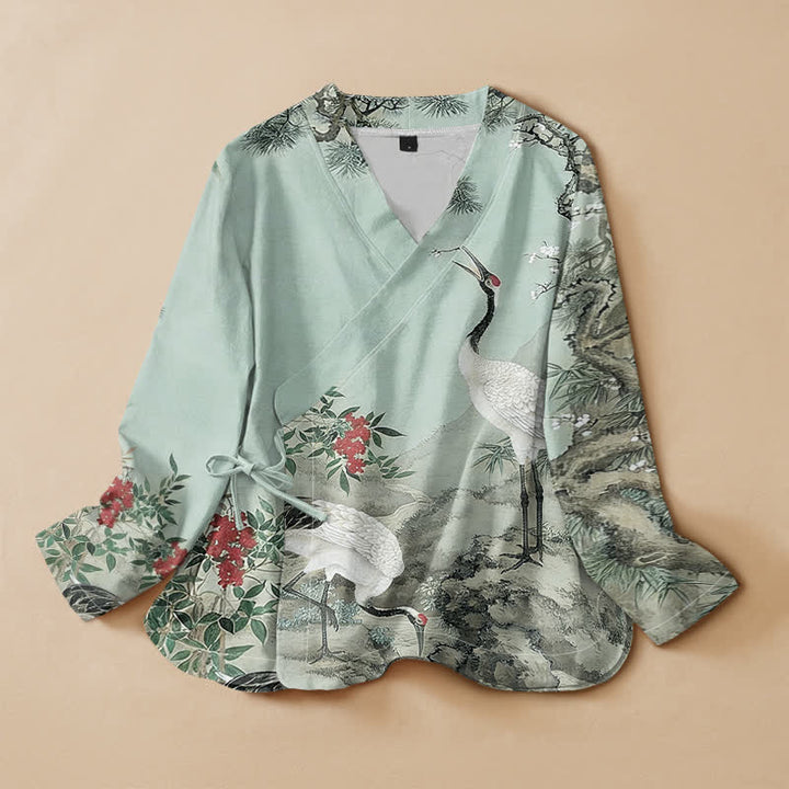 Buddha Stones Kimono da donna a maniche lunghe, stile Hanfu, con scollo a V e allacciatura, in cotone con stampa di gru e fiori di pino. - Turchese pallido - US16, UK/AU20, EU48 (3XL) - image 5
