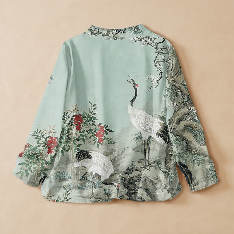 Buddha Stones Kimono da donna a maniche lunghe, stile Hanfu, con scollo a V e allacciatura, in cotone con stampa di gru e fiori di pino. - image 6