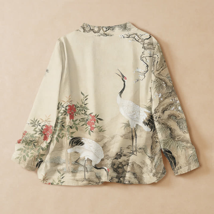 Buddha Stones Kimono da donna a maniche lunghe, stile Hanfu, con scollo a V e allacciatura, in cotone con stampa di gru e fiori di pino. - image 8