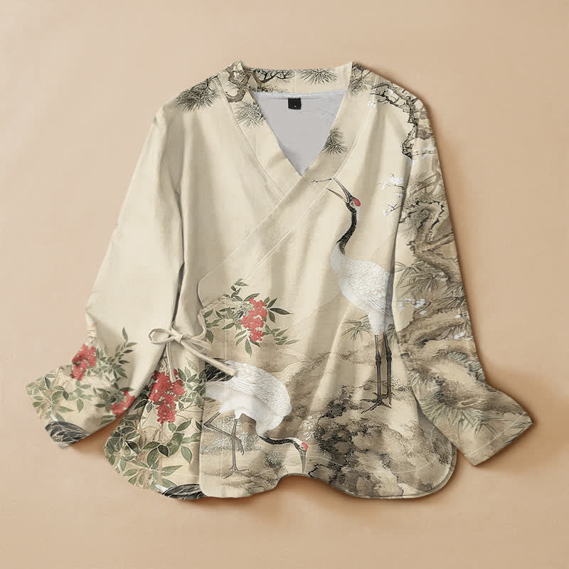 Buddha Stones Kimono da donna a maniche lunghe, stile Hanfu, con scollo a V e allacciatura, in cotone con stampa di gru e fiori di pino. - Beige - US16, UK/AU20, EU48 (3XL) - image 7