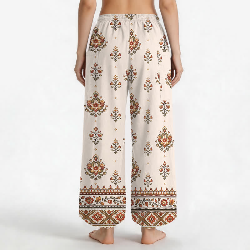 Buddha Stones Pantaloni harem da donna in cotone, stile bohémien, con fantasia floreale etnica e vita elasticizzata, dotati di tasche laterali. - image 2