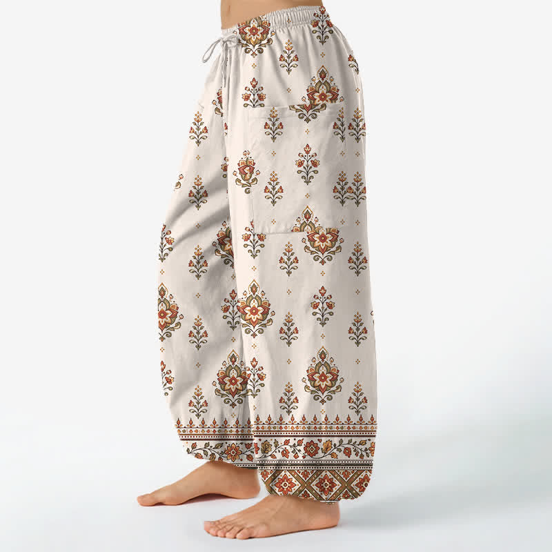 Buddha Stones Pantaloni harem da donna in cotone, stile bohémien, con fantasia floreale etnica e vita elasticizzata, dotati di tasche laterali. - image 1