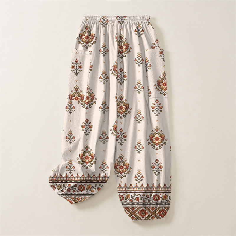 Buddha Stones Pantaloni harem da donna in cotone, stile bohémien, con fantasia floreale etnica e vita elasticizzata, dotati di tasche laterali. - image 4
