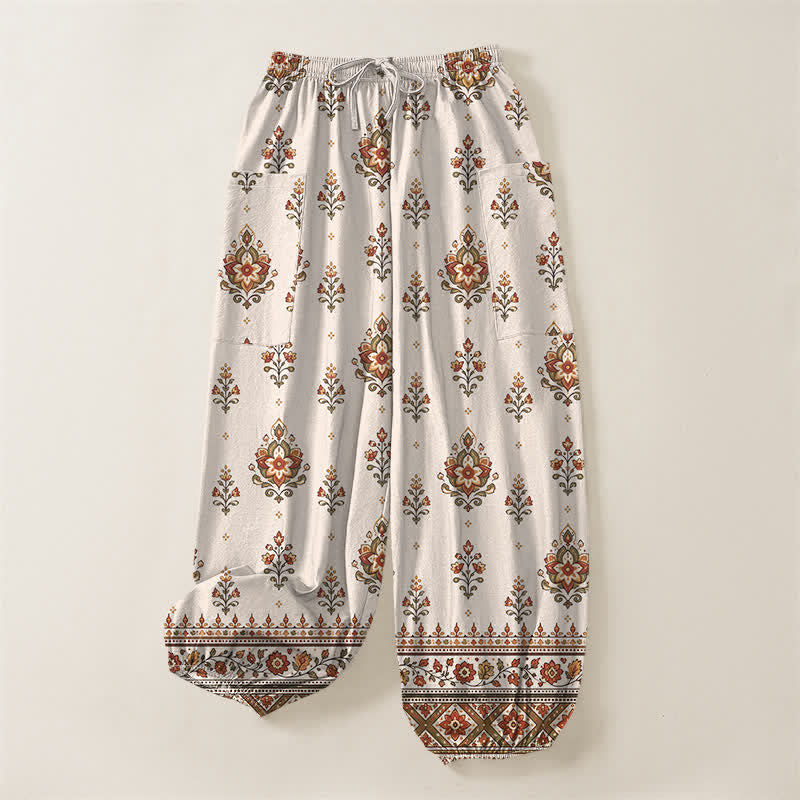 Buddha Stones Pantaloni harem da donna in cotone, stile bohémien, con fantasia floreale etnica e vita elasticizzata, dotati di tasche laterali. - image 3
