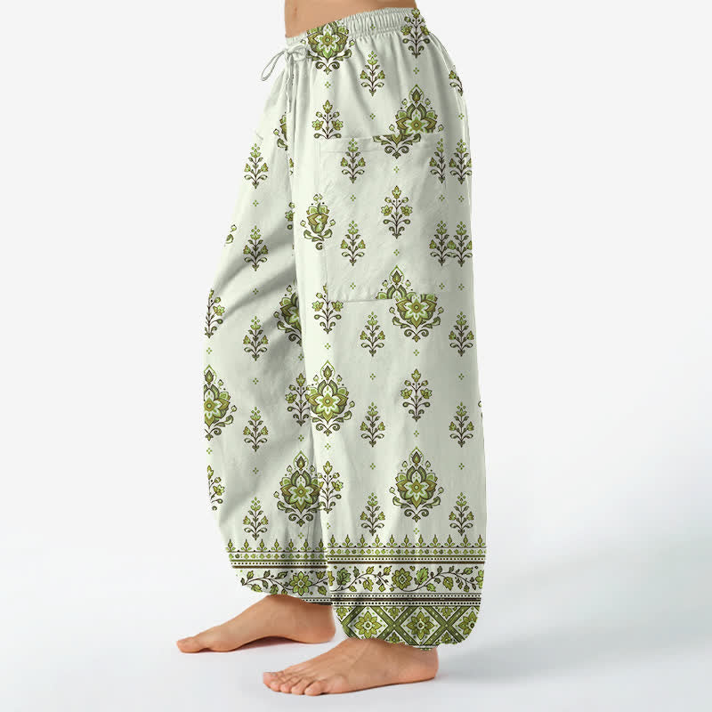 Buddha Stones Pantaloni harem da donna in cotone, stile bohémien, con fantasia floreale etnica e vita elasticizzata, dotati di tasche laterali. - image 8