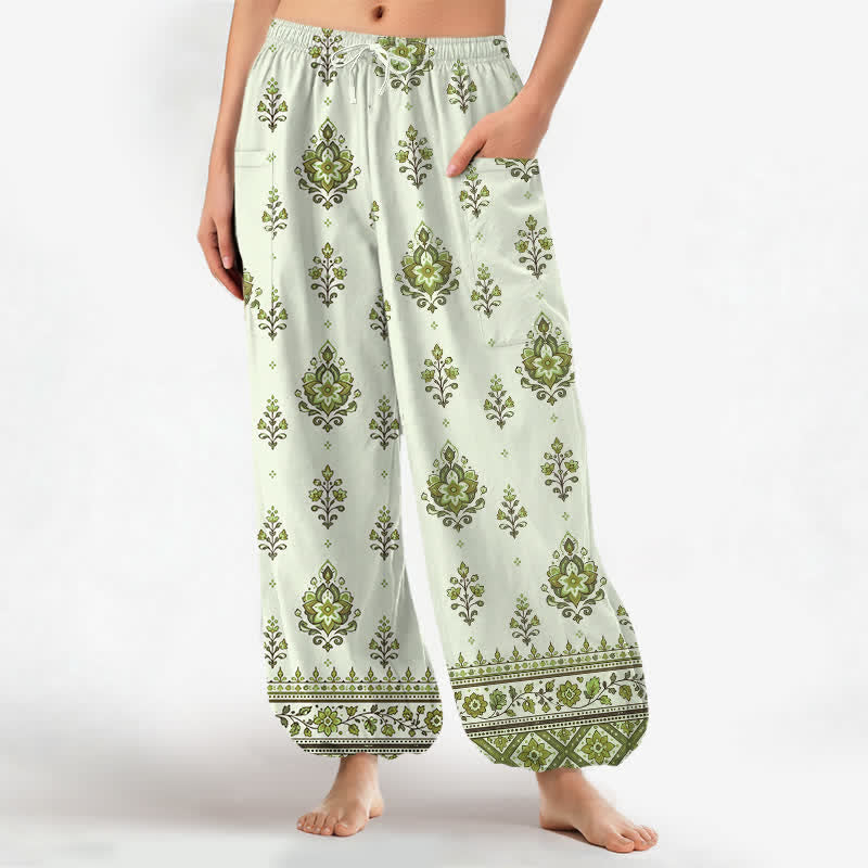 Buddha Stones Pantaloni harem da donna in cotone, stile bohémien, con fantasia floreale etnica e vita elasticizzata, dotati di tasche laterali. - Verde pallido - US16, UK/AU20, EU48 (3XL) - image 7