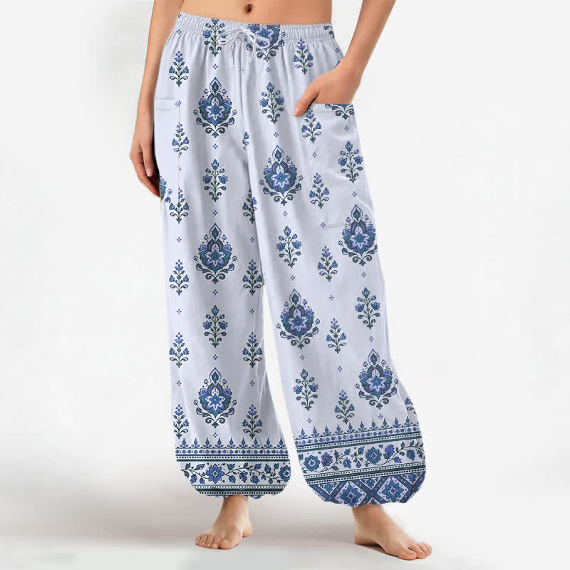 Buddha Stones Pantaloni harem da donna in cotone, stile bohémien, con fantasia floreale etnica e vita elasticizzata, dotati di tasche laterali. - Ciano chiaro - US16, UK/AU20, EU48 (3XL) - image 10