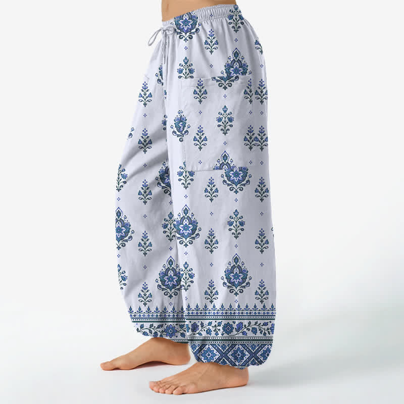 Buddha Stones Pantaloni harem da donna in cotone, stile bohémien, con fantasia floreale etnica e vita elasticizzata, dotati di tasche laterali. - image 11
