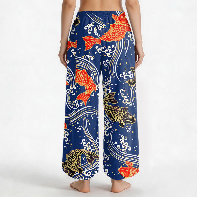 Buddha Stones Pantaloni harem da donna in cotone con motivo a onde koi e vita elasticizzata, con tasche laterali. - image 2