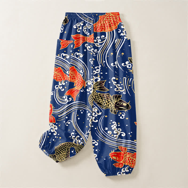 Buddha Stones Pantaloni harem da donna in cotone con motivo a onde koi e vita elasticizzata, con tasche laterali. - image 4