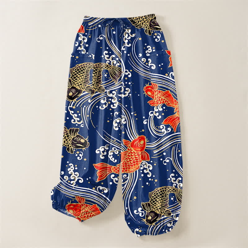 Buddha Stones Pantaloni harem da donna in cotone con motivo a onde koi e vita elasticizzata, con tasche laterali. - image 3