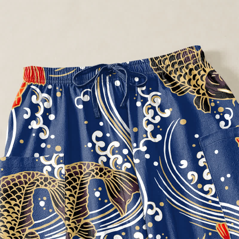 Buddha Stones Pantaloni harem da donna in cotone con motivo a onde koi e vita elasticizzata, con tasche laterali. - image 5