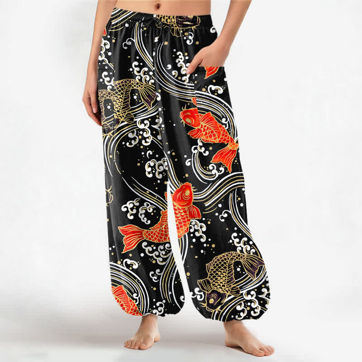 Buddha Stones Pantaloni harem da donna in cotone con motivo a onde koi e vita elasticizzata, con tasche laterali. - Nero - US16, UK/AU20, EU48 (3XL) - image 7