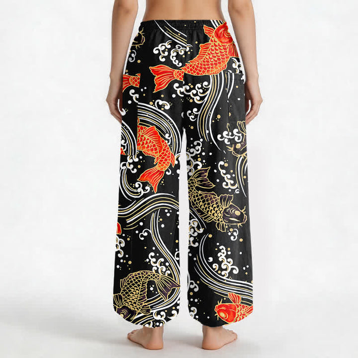 Buddha Stones Pantaloni harem da donna in cotone con motivo a onde koi e vita elasticizzata, con tasche laterali. - image 9