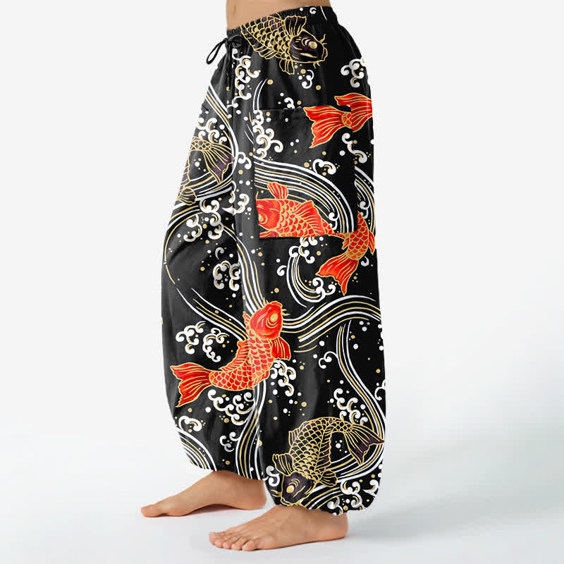 Buddha Stones Pantaloni harem da donna in cotone con motivo a onde koi e vita elasticizzata, con tasche laterali. - image 8