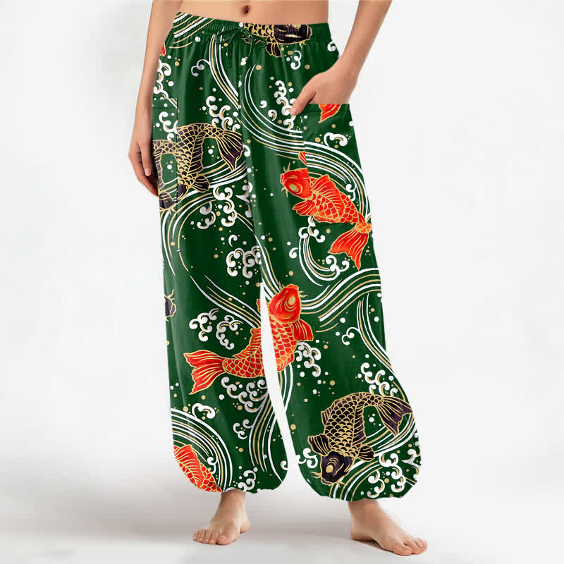 Buddha Stones Pantaloni harem da donna in cotone con motivo a onde koi e vita elasticizzata, con tasche laterali. - Verde scuro - US16, UK/AU20, EU48 (3XL) - image 10