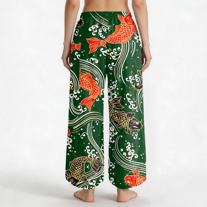 Buddha Stones Pantaloni harem da donna in cotone con motivo a onde koi e vita elasticizzata, con tasche laterali. - image 12