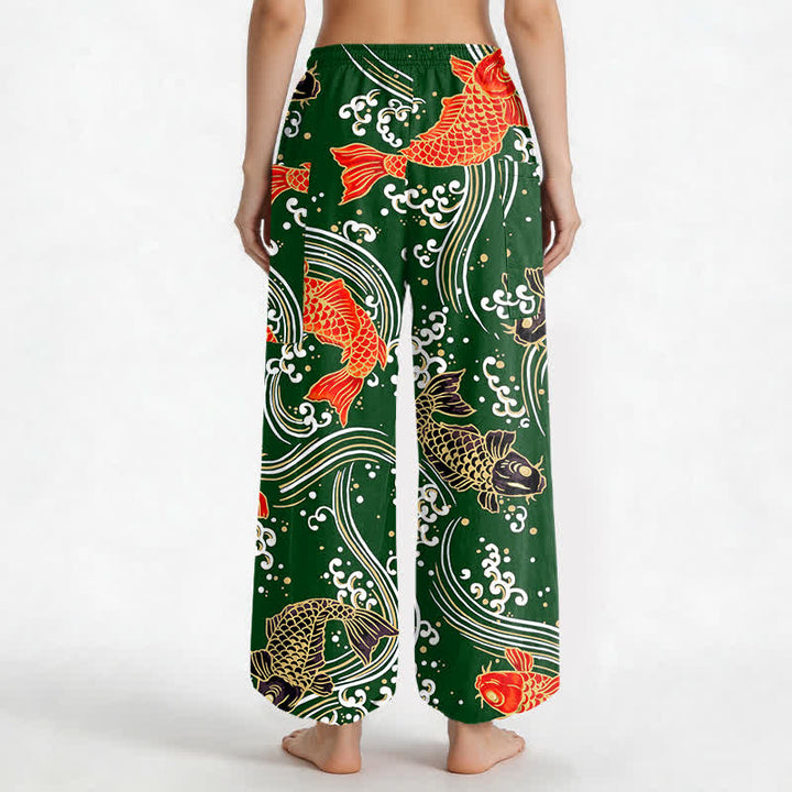 Buddha Stones Pantaloni harem da donna in cotone con motivo a onde koi e vita elasticizzata, con tasche laterali. - image 12