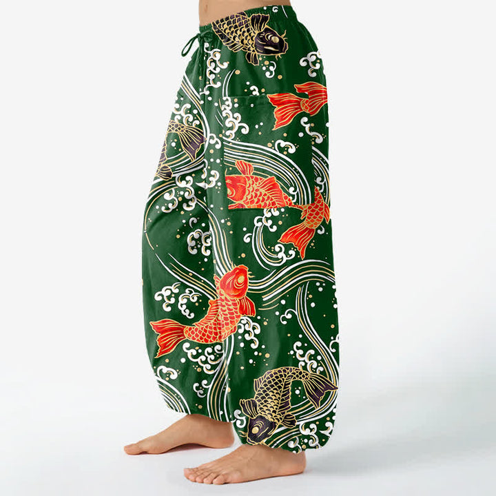 Buddha Stones Pantaloni harem da donna in cotone con motivo a onde koi e vita elasticizzata, con tasche laterali. - image 11