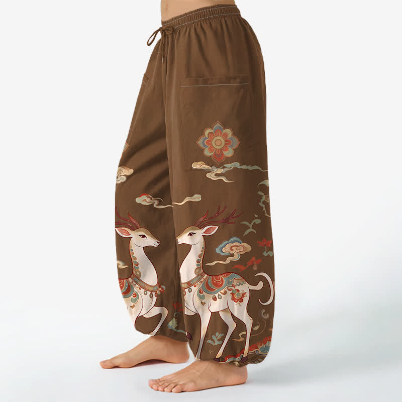 Buddha Stones Pantaloni harem da donna in cotone con elastico in vita e motivo boho cervi nuvole, con tasche laterali. - image 1