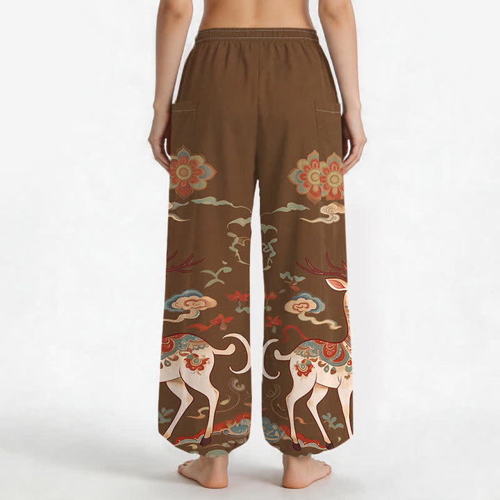 Buddha Stones Pantaloni harem da donna in cotone con elastico in vita e motivo boho cervi nuvole, con tasche laterali. - image 2