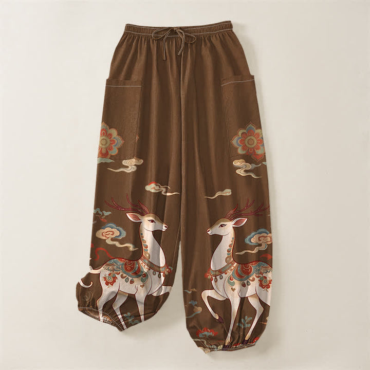 Buddha Stones Pantaloni harem da donna in cotone con elastico in vita e motivo boho cervi nuvole, con tasche laterali. - image 3