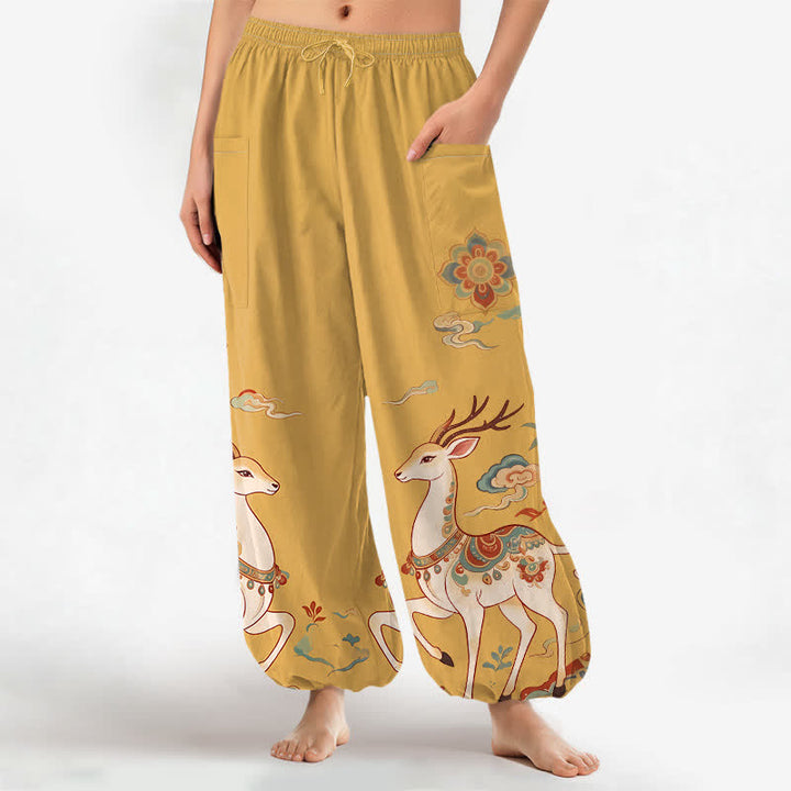 Buddha Stones Pantaloni harem da donna in cotone con elastico in vita e motivo boho cervi nuvole, con tasche laterali. - Oro - US16, UK/AU20, EU48 (3XL) - image 7