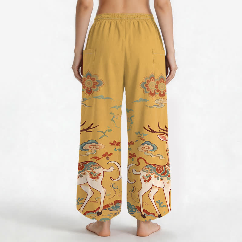 Buddha Stones Pantaloni harem da donna in cotone con elastico in vita e motivo boho cervi nuvole, con tasche laterali. - image 9