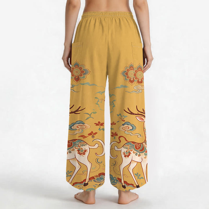 Buddha Stones Pantaloni harem da donna in cotone con elastico in vita e motivo boho cervi nuvole, con tasche laterali. - image 9