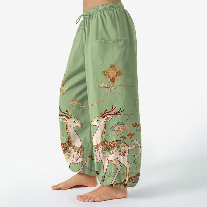 Buddha Stones Pantaloni harem da donna in cotone con elastico in vita e motivo boho cervi nuvole, con tasche laterali. - image 11