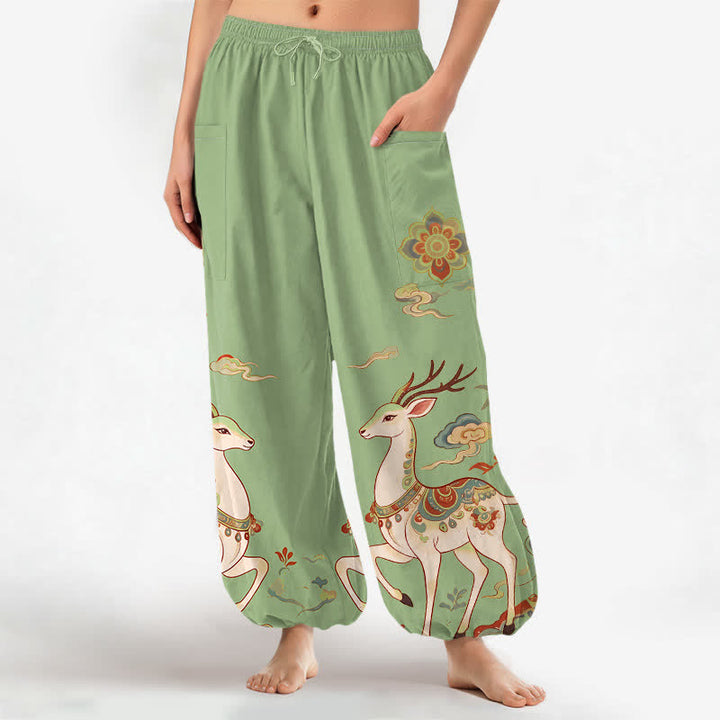 Buddha Stones Pantaloni harem da donna in cotone con elastico in vita e motivo boho cervi nuvole, con tasche laterali. - Verde pallido - US16, UK/AU20, EU48 (3XL) - image 10