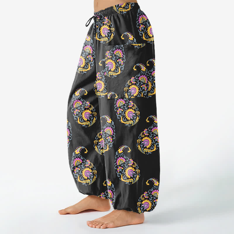 Buddha Stones Pantaloni harem da donna in cotone stile bohémien con motivo paisley persiano e vita elasticizzata, con tasche laterali. - image 1