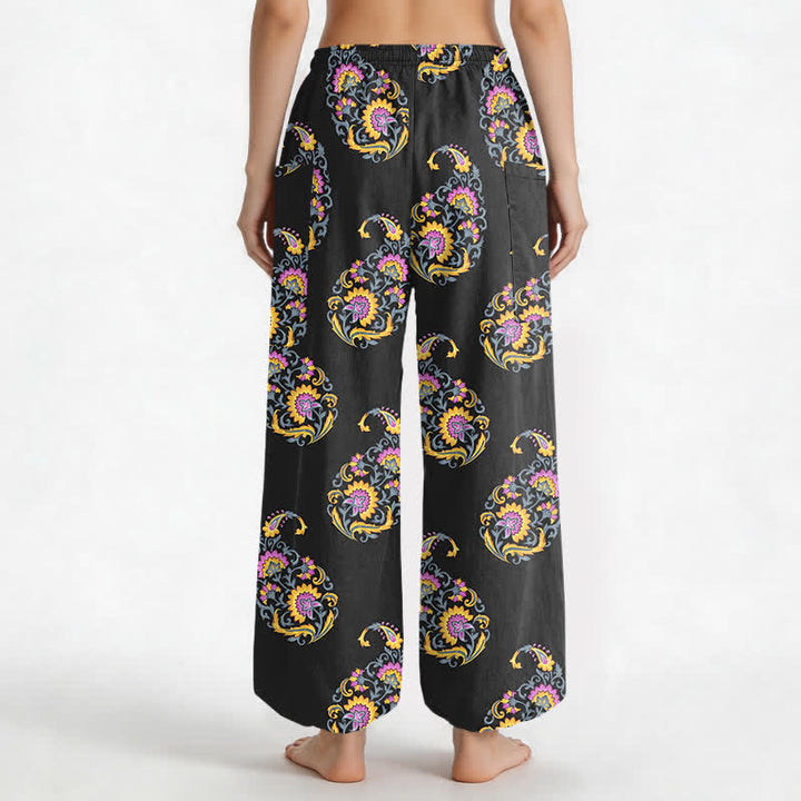 Buddha Stones Pantaloni harem da donna in cotone stile bohémien con motivo paisley persiano e vita elasticizzata, con tasche laterali. - image 2