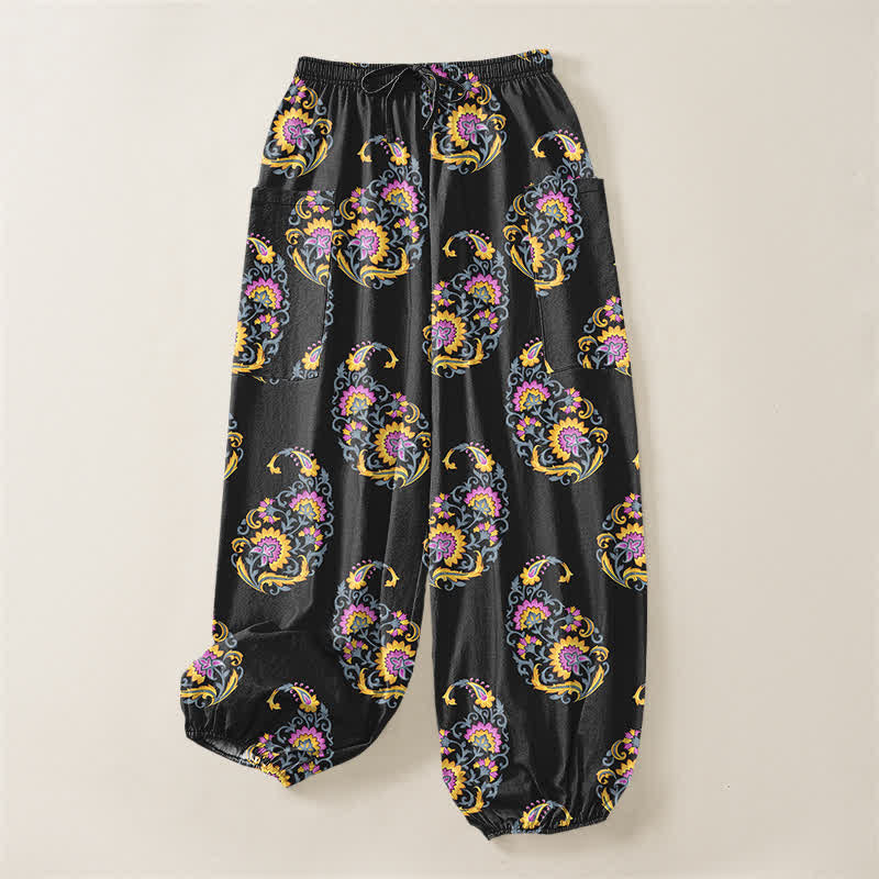 Buddha Stones Pantaloni harem da donna in cotone stile bohémien con motivo paisley persiano e vita elasticizzata, con tasche laterali. - image 3
