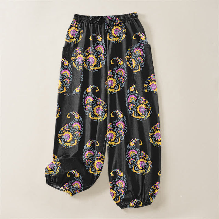 Buddha Stones Pantaloni harem da donna in cotone stile bohémien con motivo paisley persiano e vita elasticizzata, con tasche laterali. - image 3