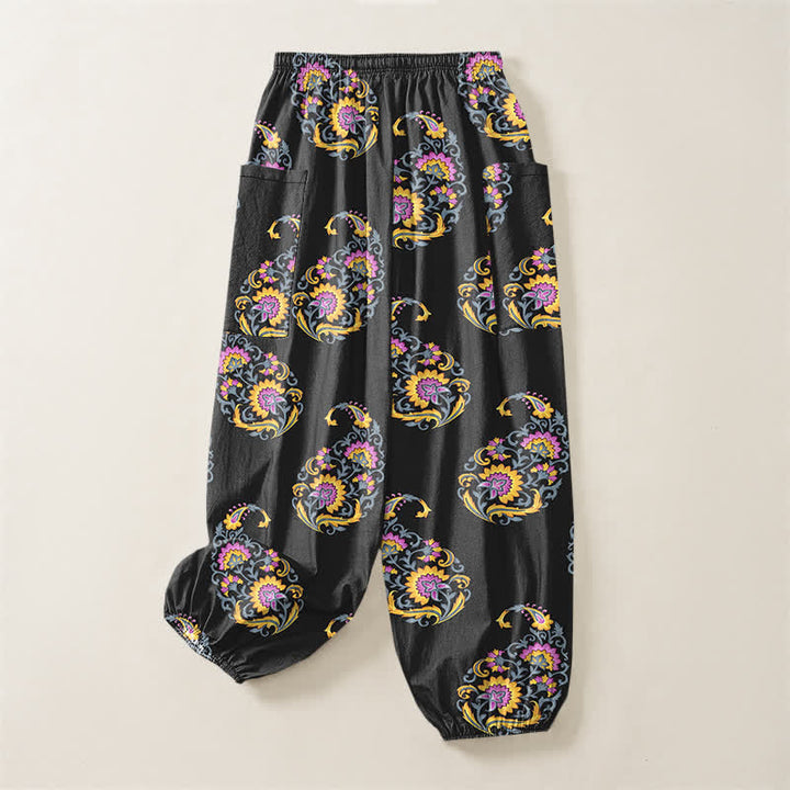 Buddha Stones Pantaloni harem da donna in cotone stile bohémien con motivo paisley persiano e vita elasticizzata, con tasche laterali. - image 4