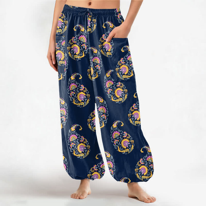 Buddha Stones Pantaloni harem da donna in cotone stile bohémien con motivo paisley persiano e vita elasticizzata, con tasche laterali. - Marina - US16, UK/AU20, EU48 (3XL) - image 7