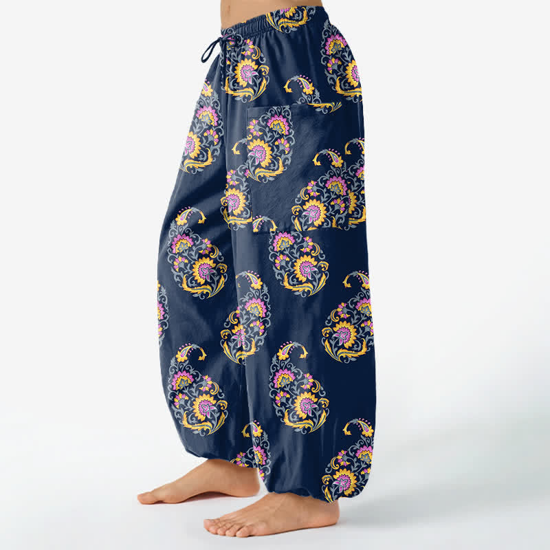 Buddha Stones Pantaloni harem da donna in cotone stile bohémien con motivo paisley persiano e vita elasticizzata, con tasche laterali. - image 8