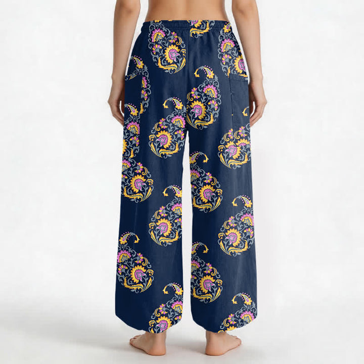 Buddha Stones Pantaloni harem da donna in cotone stile bohémien con motivo paisley persiano e vita elasticizzata, con tasche laterali. - image 9