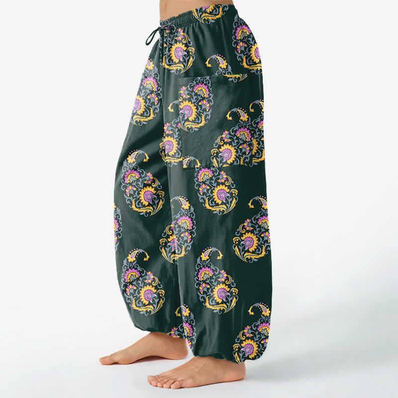 Buddha Stones Pantaloni harem da donna in cotone stile bohémien con motivo paisley persiano e vita elasticizzata, con tasche laterali. - image 11