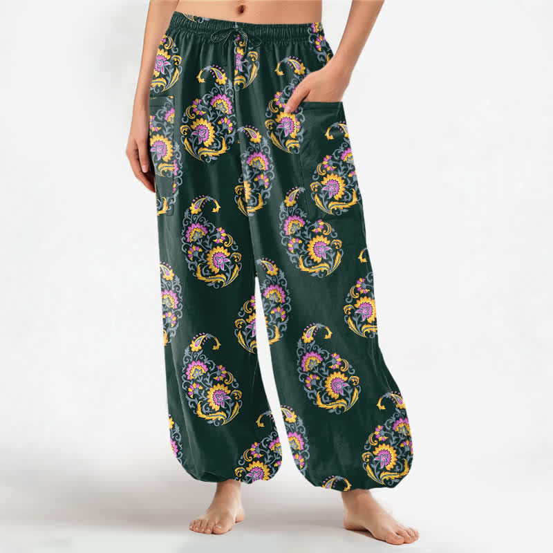 Buddha Stones Pantaloni harem da donna in cotone stile bohémien con motivo paisley persiano e vita elasticizzata, con tasche laterali. - Verde scuro - US16, UK/AU20, EU48 (3XL) - image 10