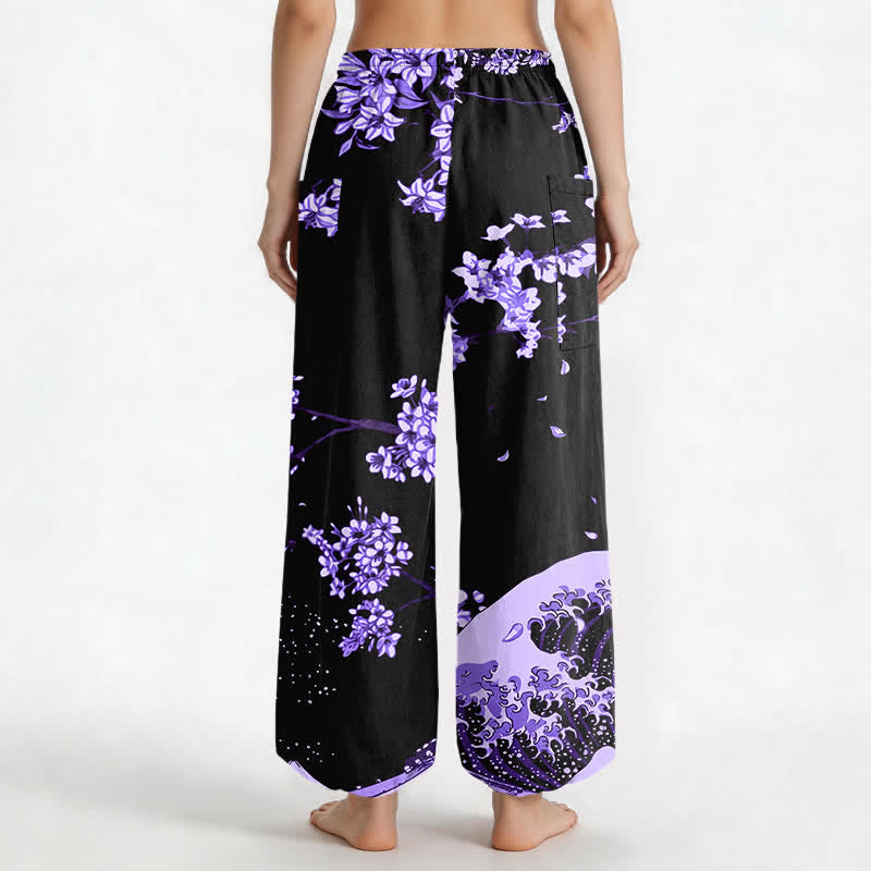 Buddha Stones Pantaloni harem da donna in cotone con elastico in vita e motivo a onde Ukiyo-e, con tasche laterali. - image 2