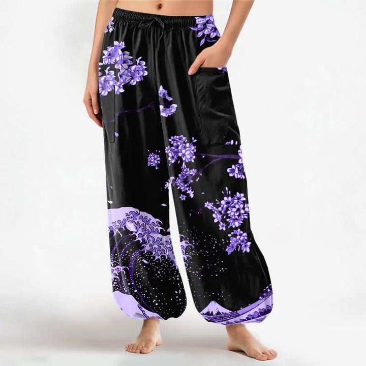 Buddha Stones Pantaloni harem da donna in cotone con elastico in vita e motivo a onde Ukiyo-e, con tasche laterali. - Viola scuro - US16, UK/AU20, EU48 (3XL) - image 0