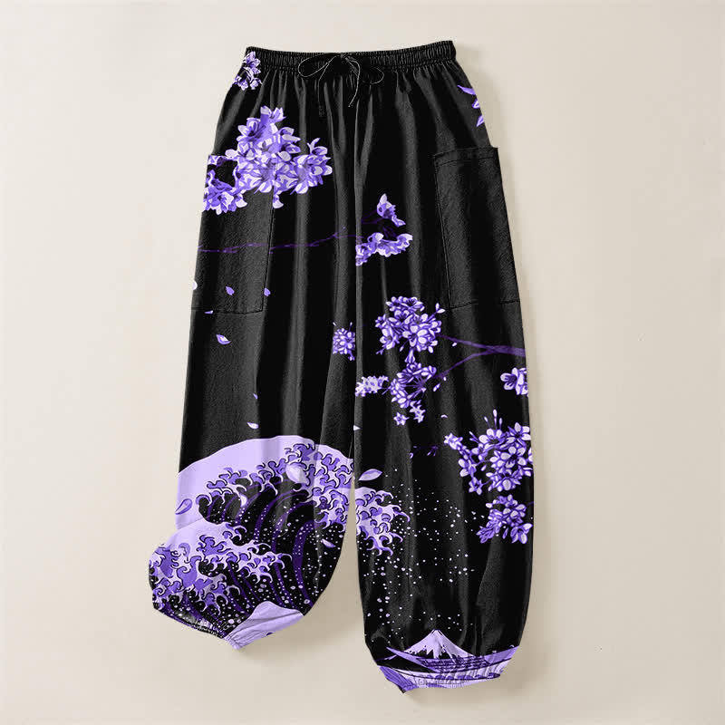 Buddha Stones Pantaloni harem da donna in cotone con elastico in vita e motivo a onde Ukiyo-e, con tasche laterali. - image 3