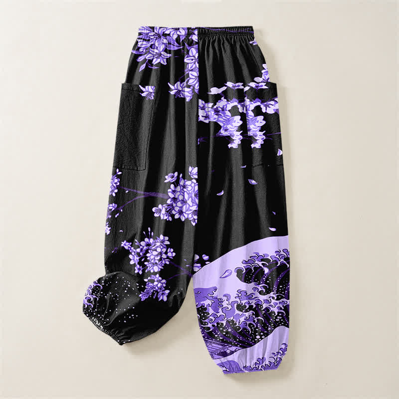 Buddha Stones Pantaloni harem da donna in cotone con elastico in vita e motivo a onde Ukiyo-e, con tasche laterali. - image 4