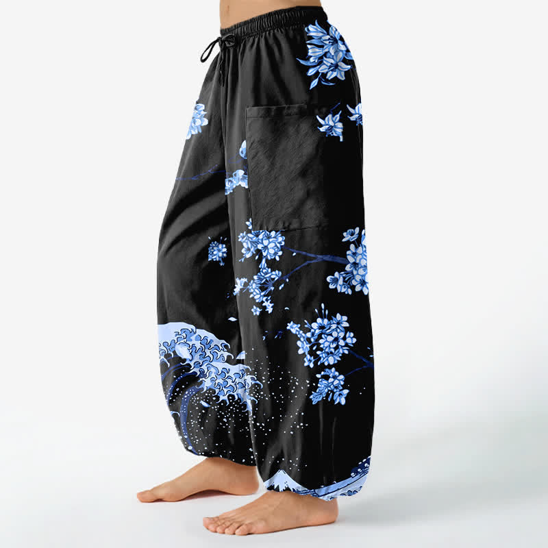 Buddha Stones Pantaloni harem da donna in cotone con elastico in vita e motivo a onde Ukiyo-e, con tasche laterali. - image 8