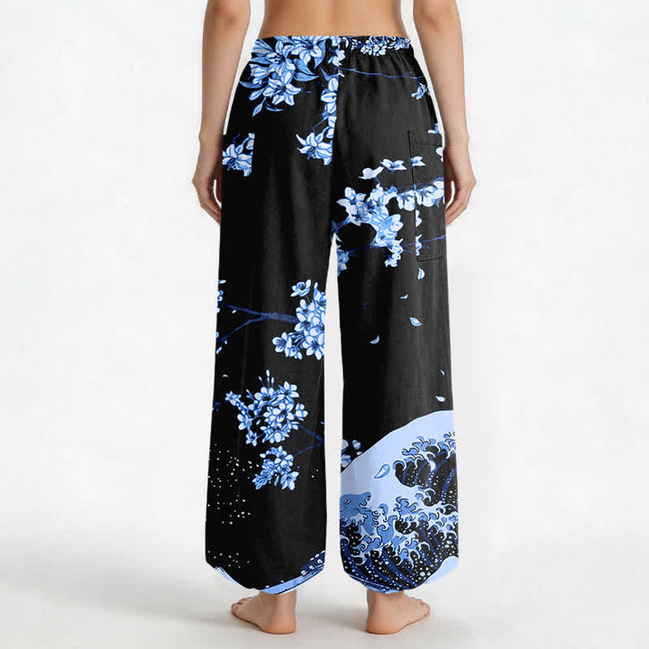 Buddha Stones Pantaloni harem da donna in cotone con elastico in vita e motivo a onde Ukiyo-e, con tasche laterali. - image 9