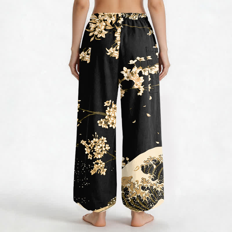 Buddha Stones Pantaloni harem da donna in cotone con elastico in vita e motivo a onde Ukiyo-e, con tasche laterali. - image 12