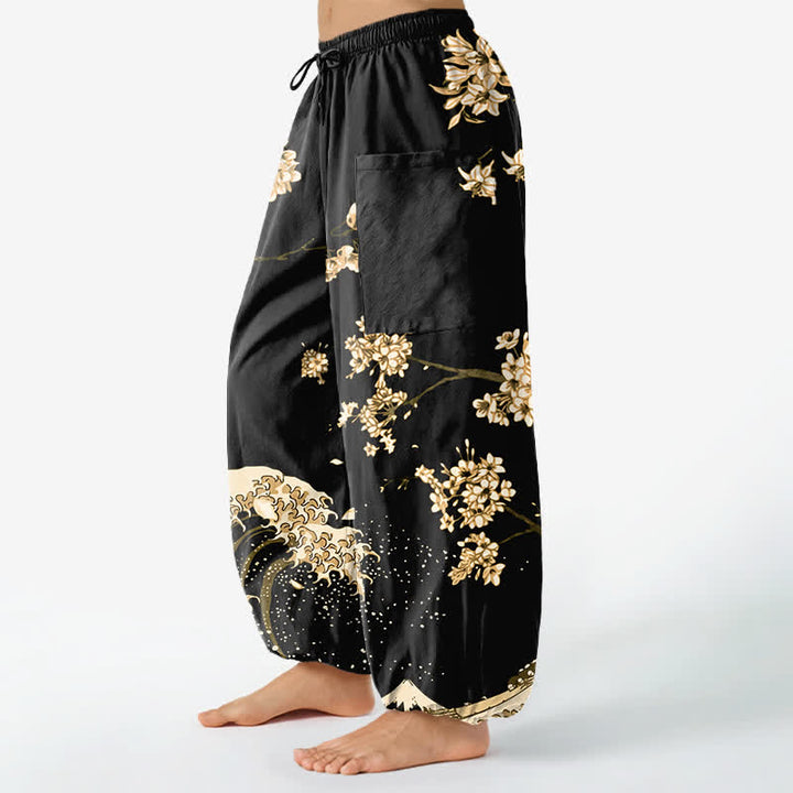 Buddha Stones Pantaloni harem da donna in cotone con elastico in vita e motivo a onde Ukiyo-e, con tasche laterali. - image 11
