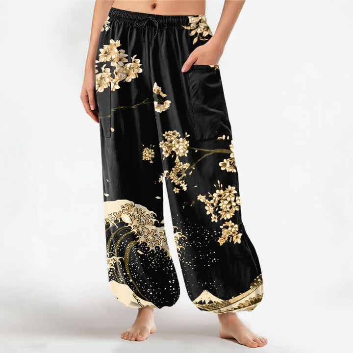 Buddha Stones Pantaloni harem da donna in cotone con elastico in vita e motivo a onde Ukiyo-e, con tasche laterali. - Cachi - US16, UK/AU20, EU48 (3XL) - image 10